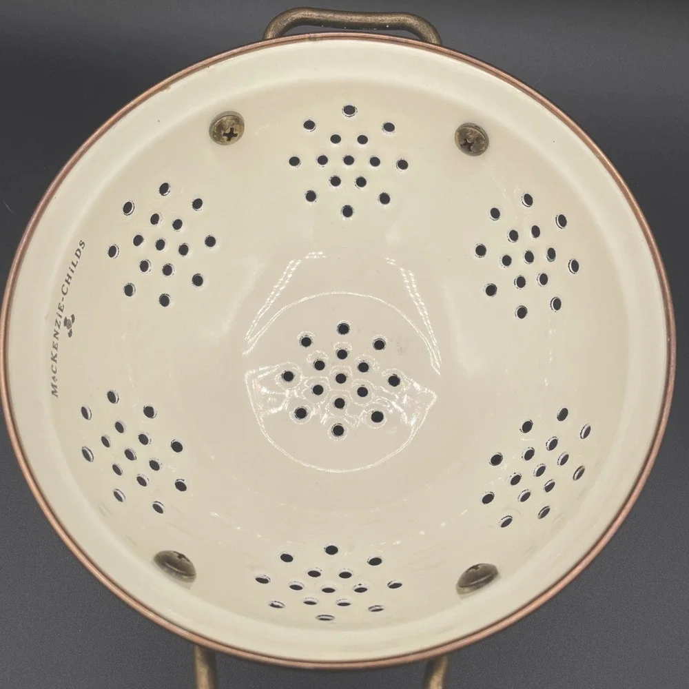 MacKenzie Childs Courtly Check Small Colander Enamel Strainer Black And White